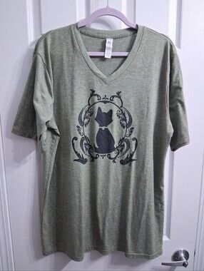 Cat Lady Victorian Kitty Cat Tee Shirt V-neck Heather Green